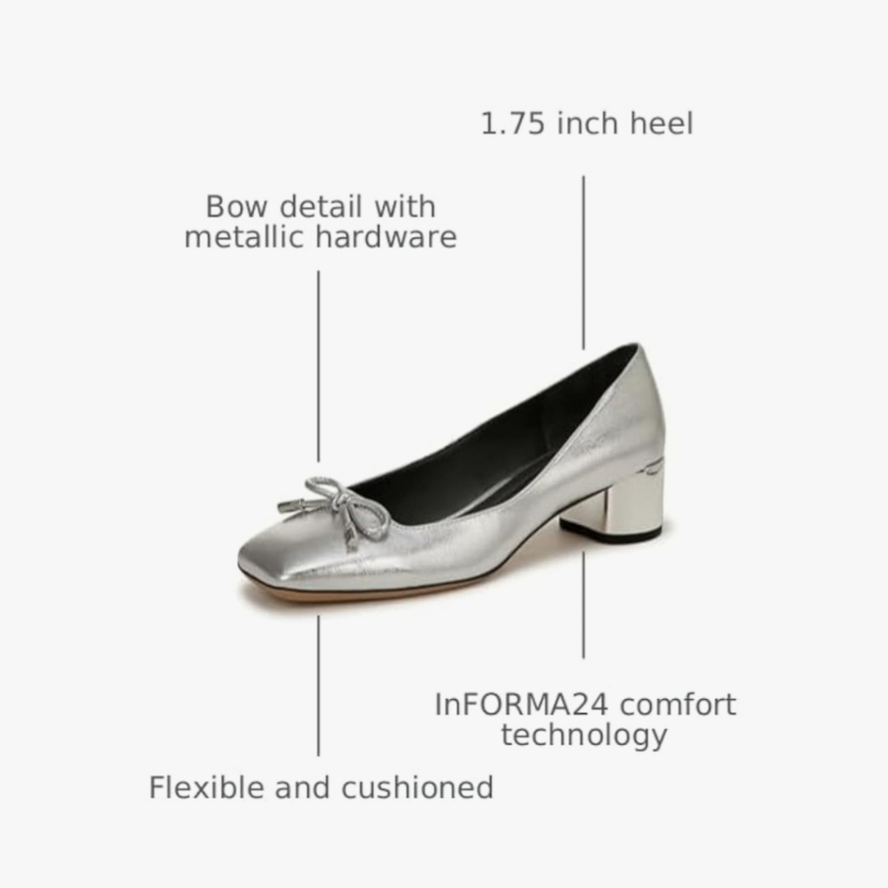 Franco Sarto Silver Metallic Square-Toe Block Heel Pump with Bow - Picture 4 of 14